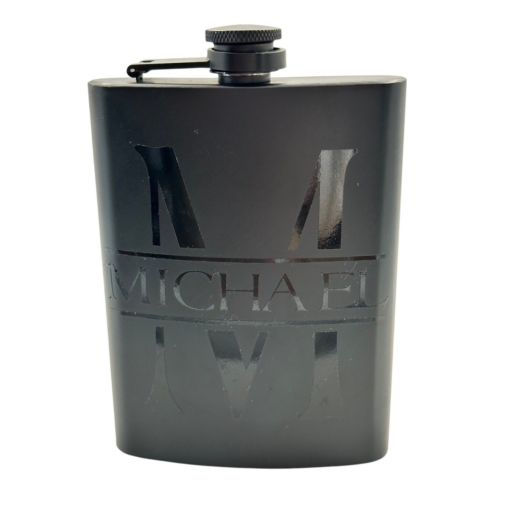 Michael Personalized Hip Flask Matte Black‎ Metal Initial M Groomsman Gift Mens